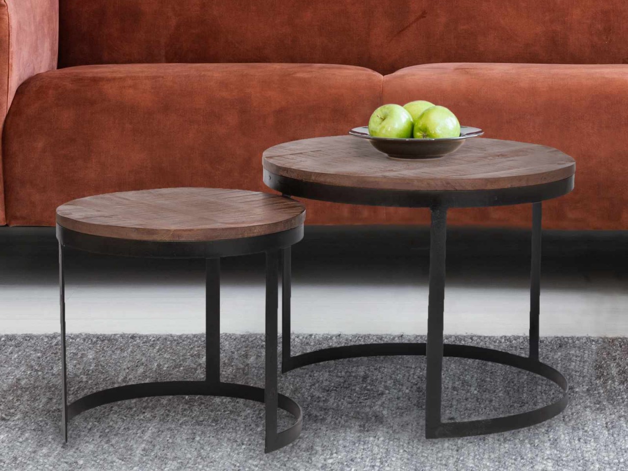 2-piece coffee table set, round Austin side tables for living room, metal frame, antique silver or black