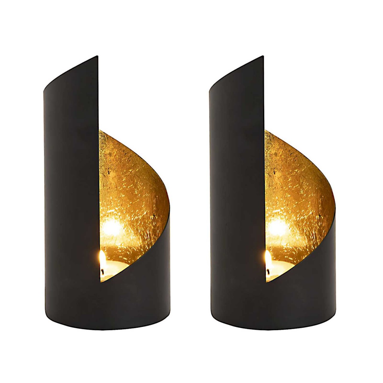 2-piece Kevin tealight holder set, cylindrical, matte black with gold-plated interior