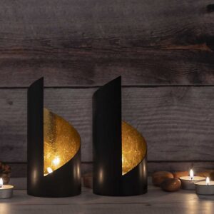 2-piece Kevin tealight holder set, cylindrical, matte black with gold-plated interior