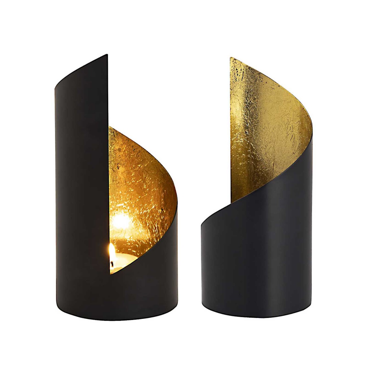 2-piece Kevin tealight holder set, cylindrical, matte black with gold-plated interior - Image 3