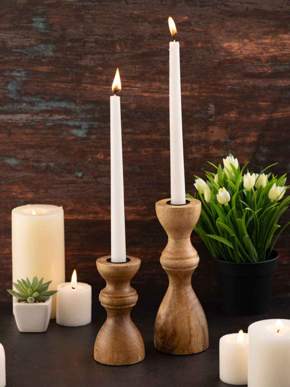 Set of 2 Taper Candle Holders, Round, H20 / 13 x 6 cm, Mango Wood