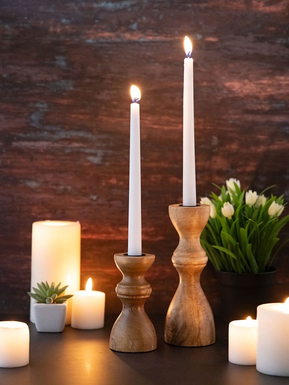 Set of 2 Taper Candle Holders, Round, H20 / 13 x 6 cm, Mango Wood - Image 6