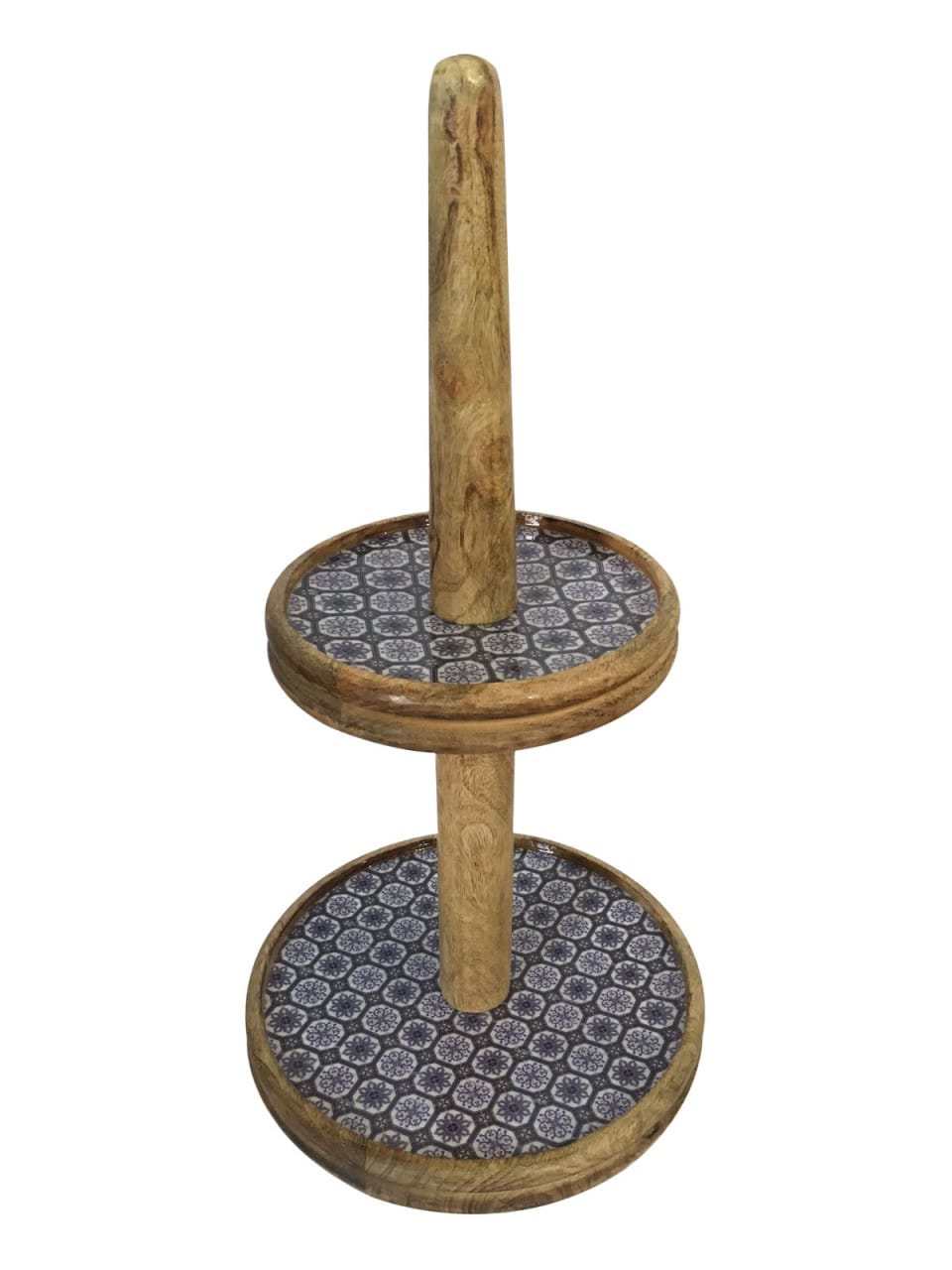 Alzata a due piani Ø 30 cm, in legno di mango con decoro in ceramica, idonea al contatto con gli alimenti.