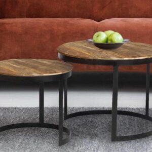 Austin round coffee and side table 2-piece set for living room, metal frame, antique silver or black