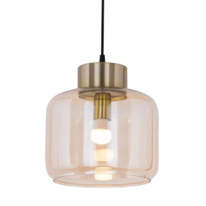 Pendant lamp, second choice, glass hanging light for dining table, Cubus, amber, crown, brass